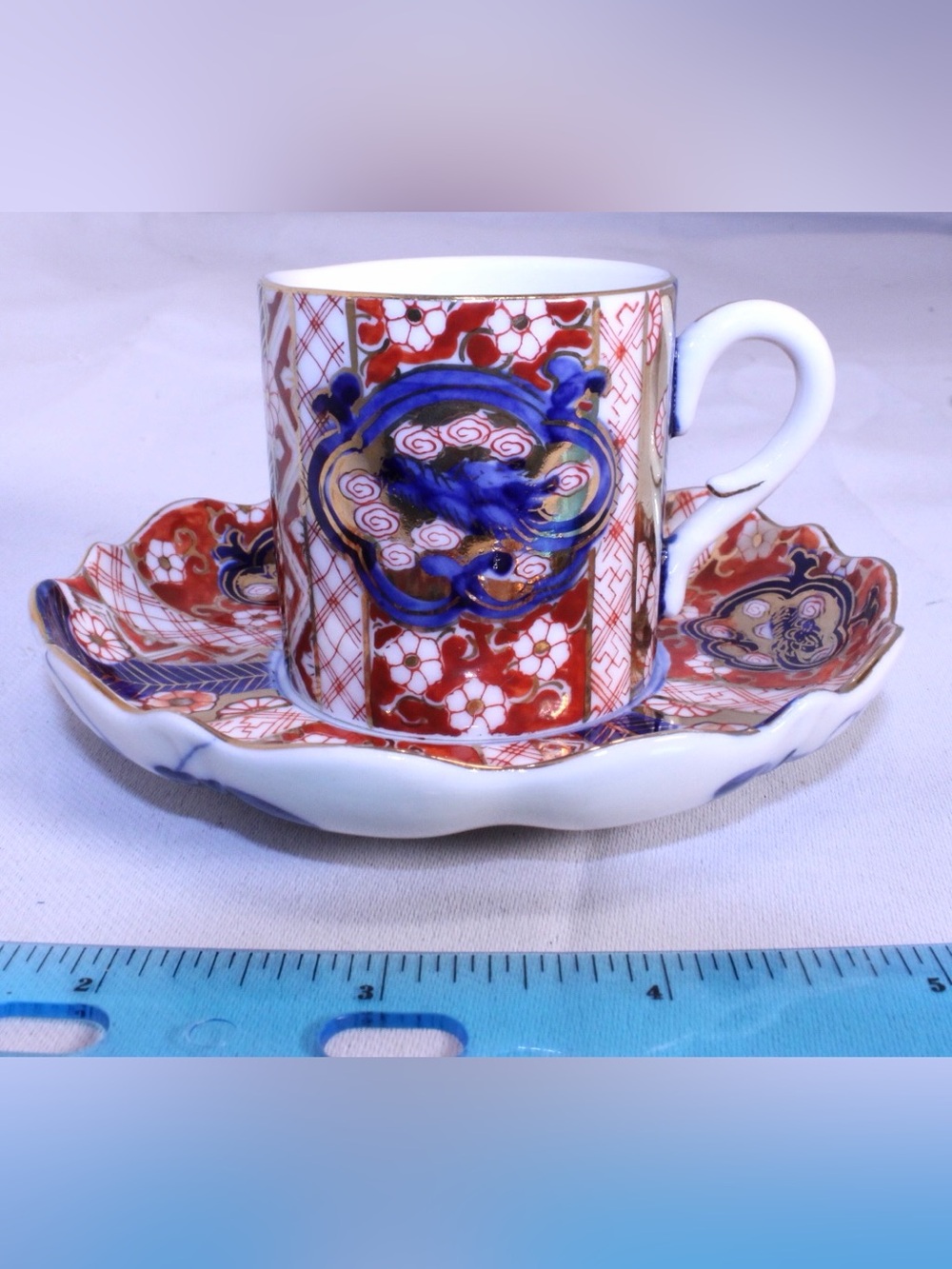 Vintage Hokutosha Porcelain Teacup and Saucer Set - Imari cobalt blue red gold